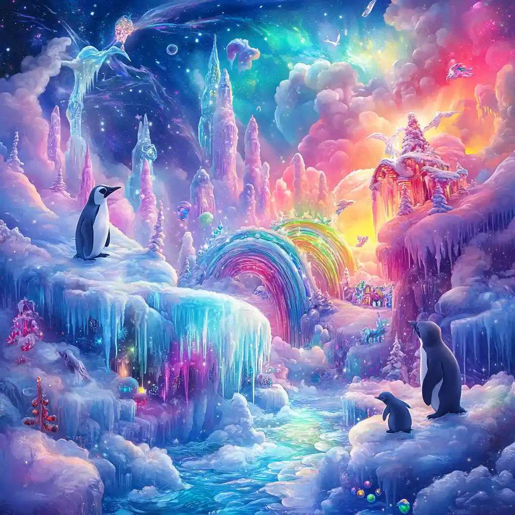 Playful penguins and polar bears in a candy winter wonderland
