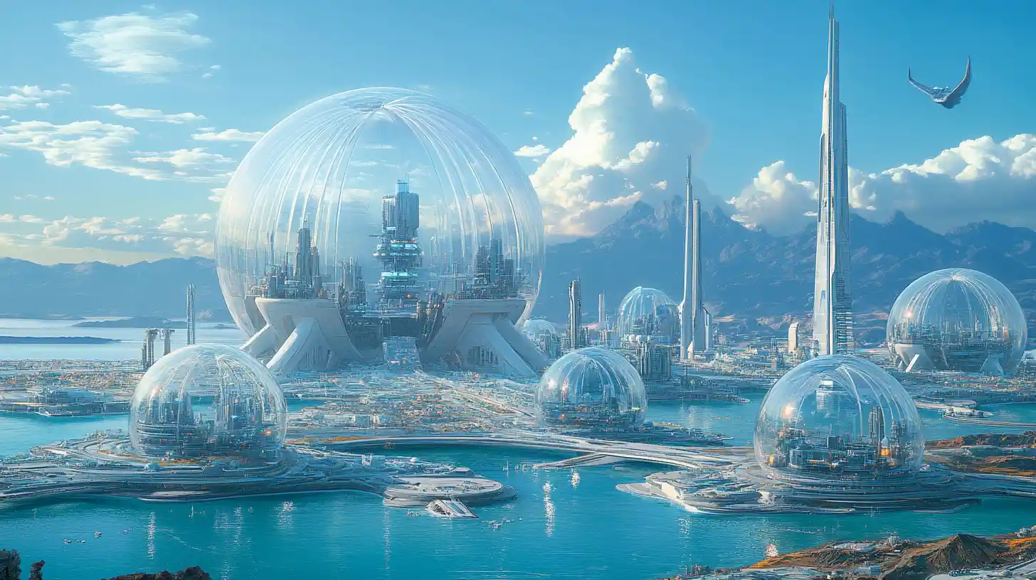 Futuristic domed space colony on a vast water world