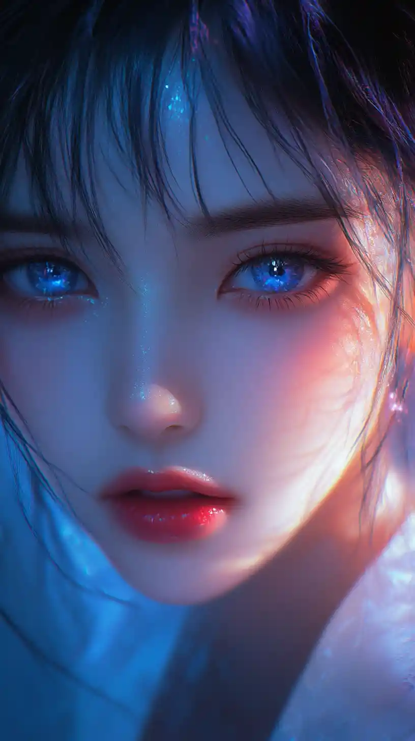 Close up anime girl glowing softly in the dark