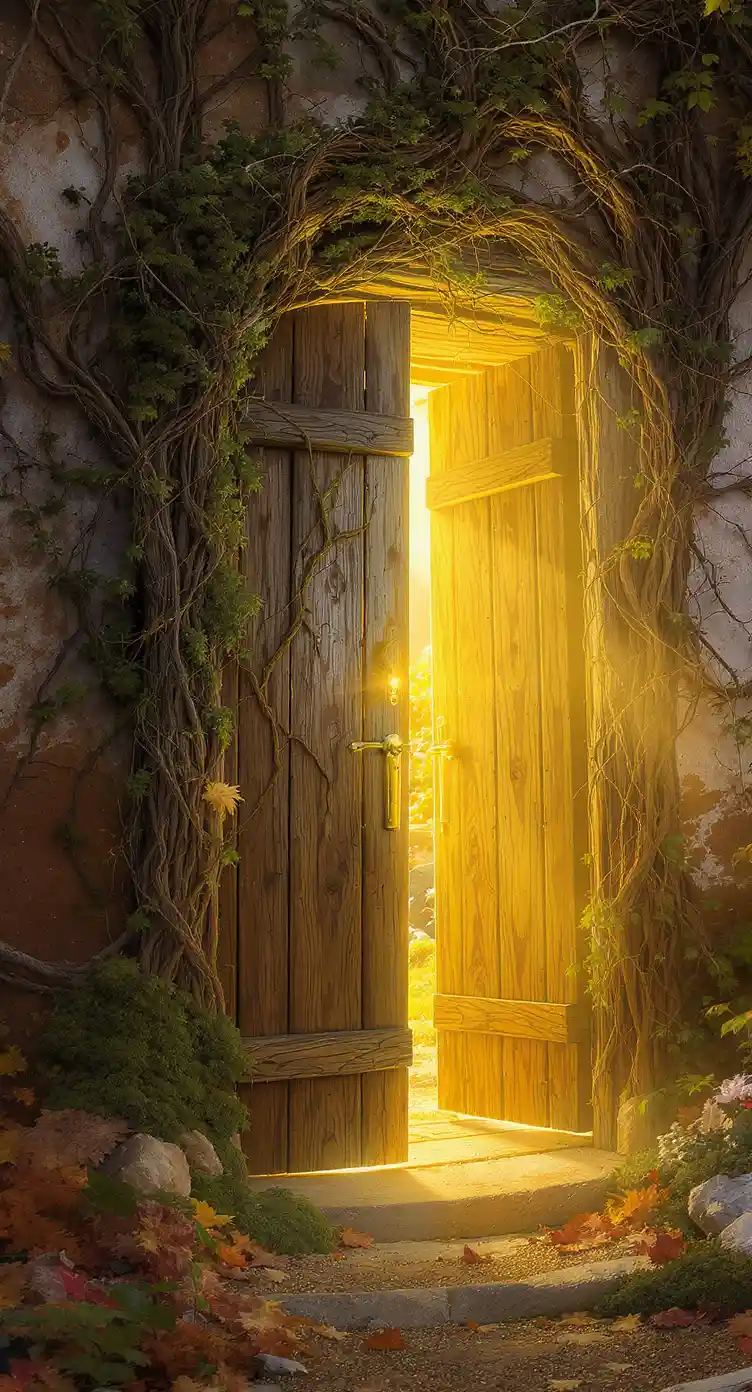 Rustic Wooden Door Opening To Warm Golden Light