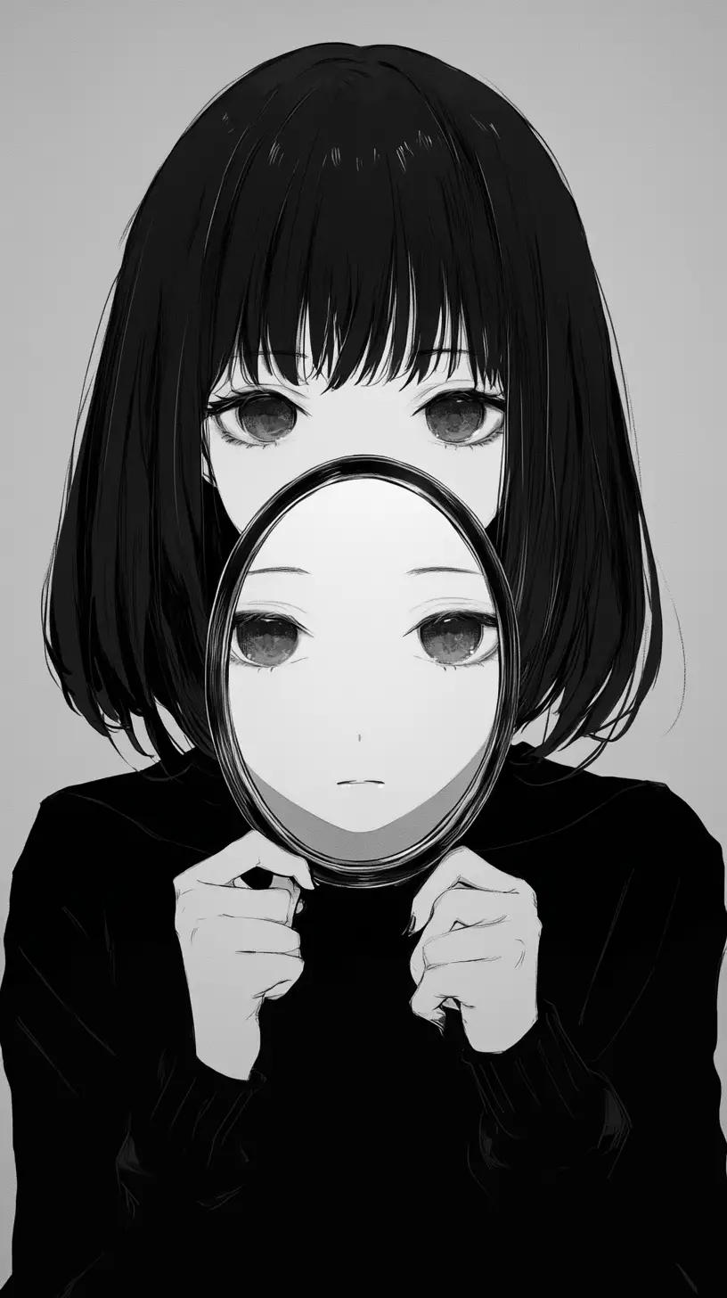 Anime girl with mirror and faceless reflection in grayscale