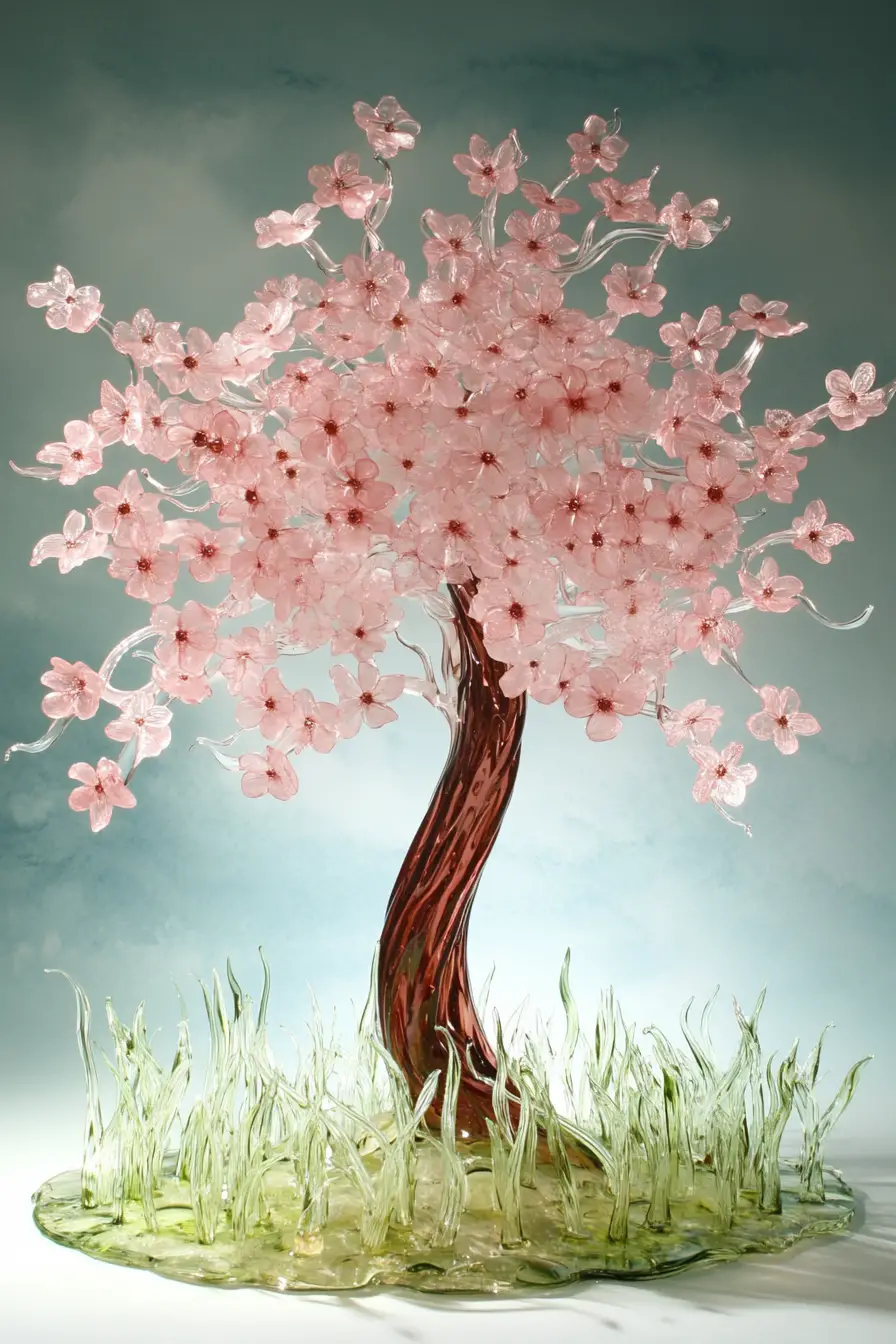 Glowing glass cherry tree against watercolor blue sky
