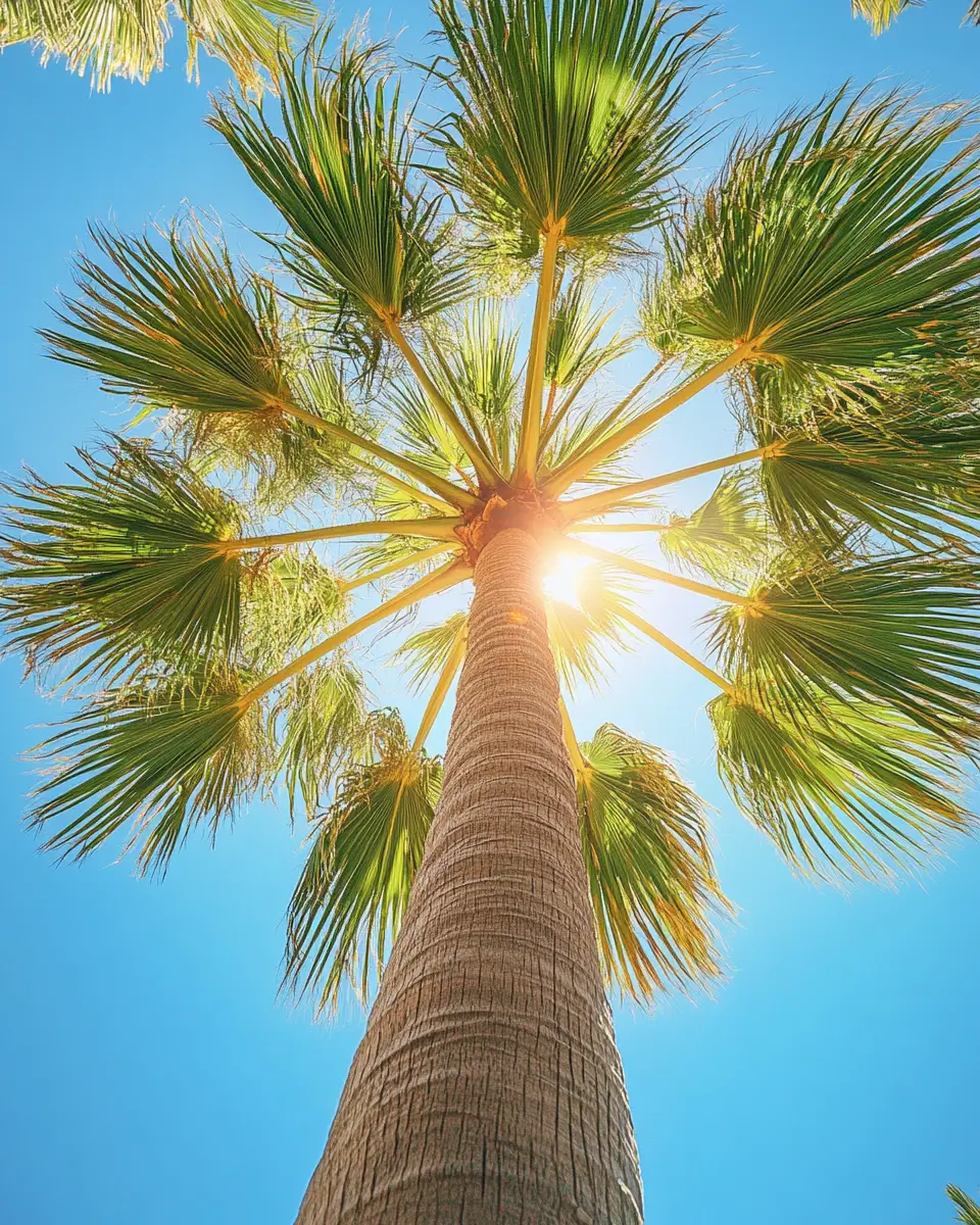 Looking up at a palm tree with sunlight in blue sky