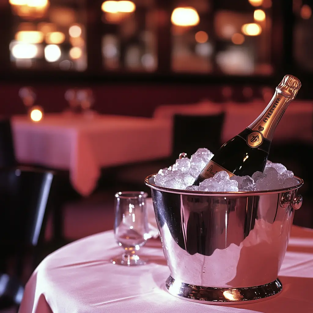 Chrome champagne bucket with ice beside pink table
