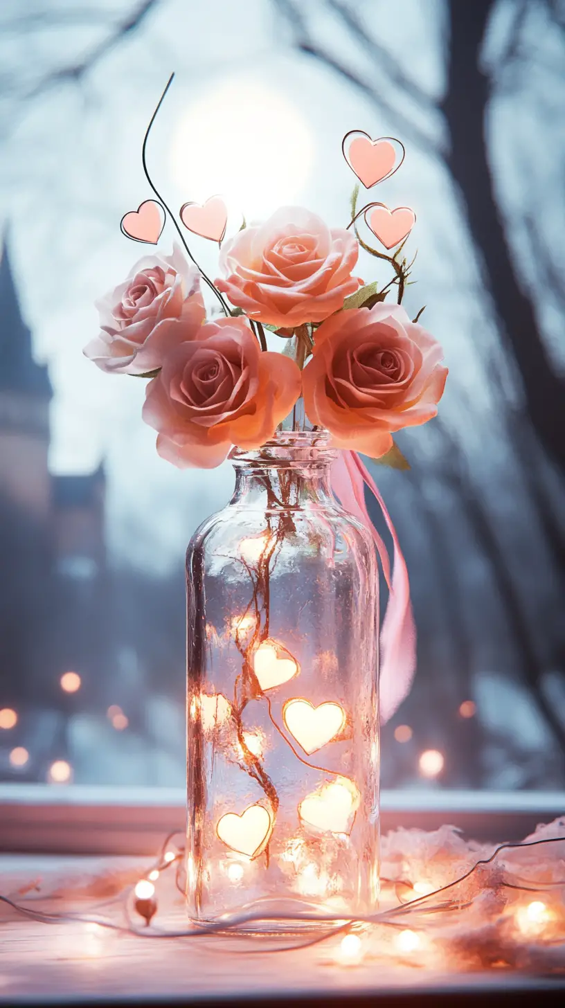 Glass bottle of roses and glowing hearts by moonlit castle