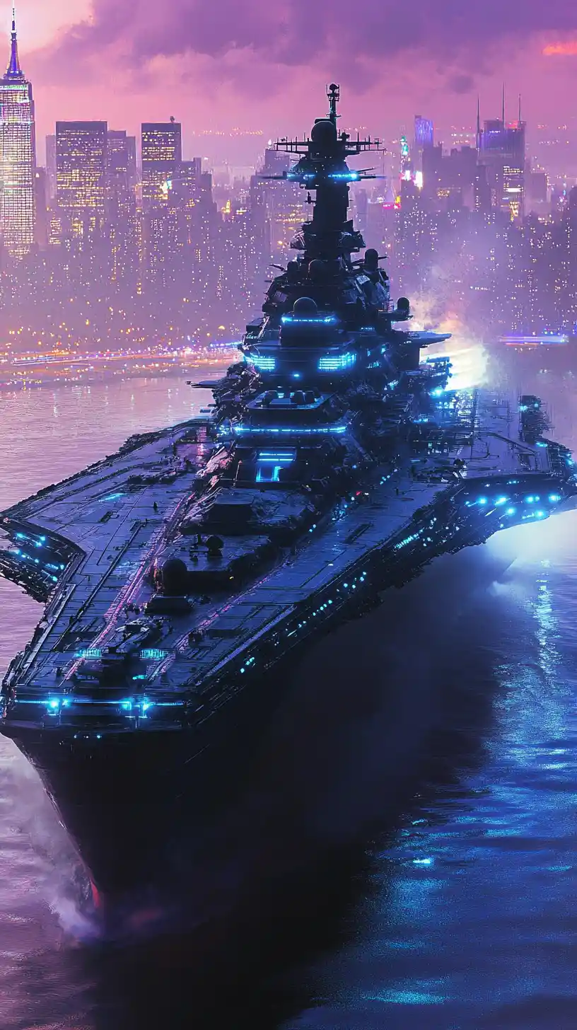 Gigantic sci fi warship emerging before Manhattan skyline