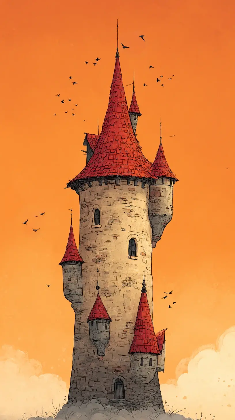 Medieval stone castle on rocky cliff at fiery sunset sky
