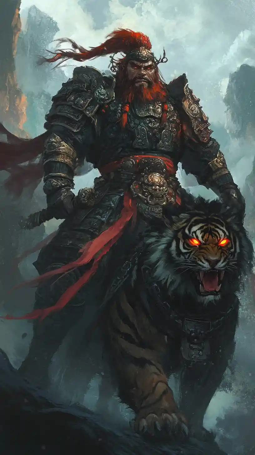 Oscuro guerriero Zhong Kui che cavalca una feroce tigre dagli occhi luminosi