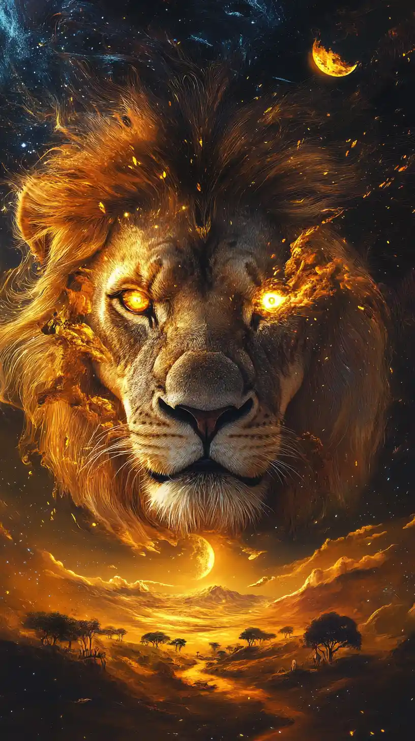 Majestic lion portrait fused with elemental fantasy landscapes