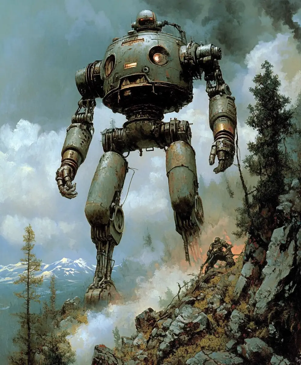 Dark fantasy robot in a moody cinematic illustration