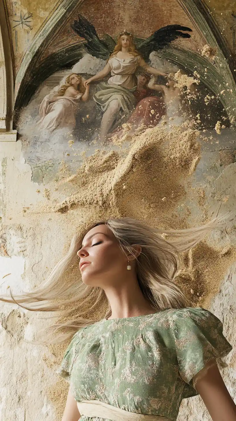 Woman Dissolving Into Golden Sand Before Faded Angel Fresco