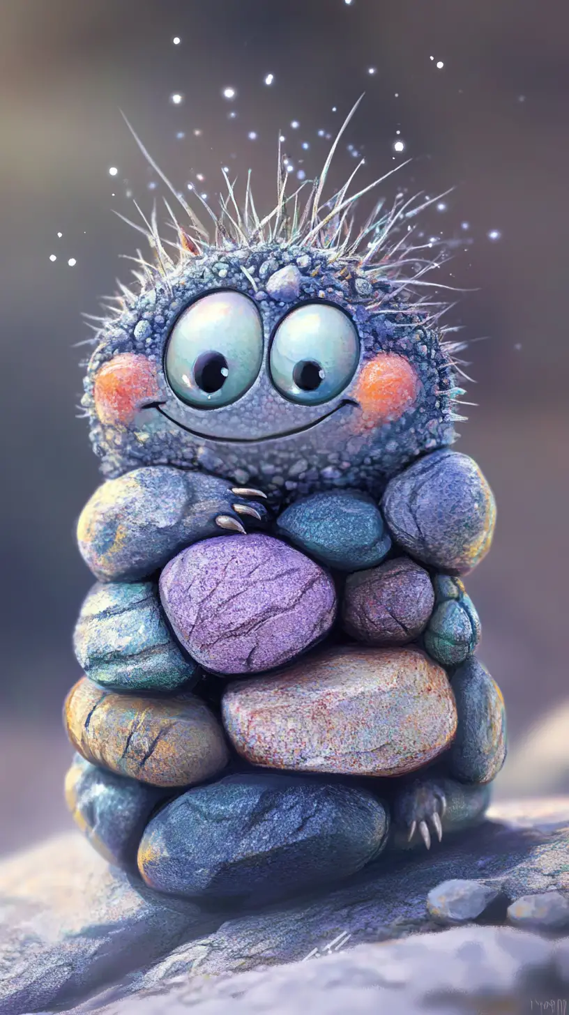 Cute stone monster illustration with magical sparkling dust