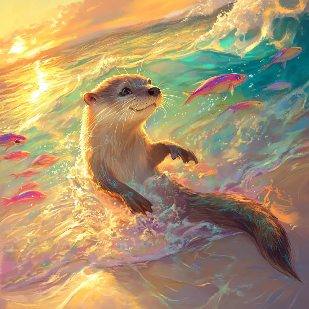 Playful otter at sunset on a tranquil sandy beach
