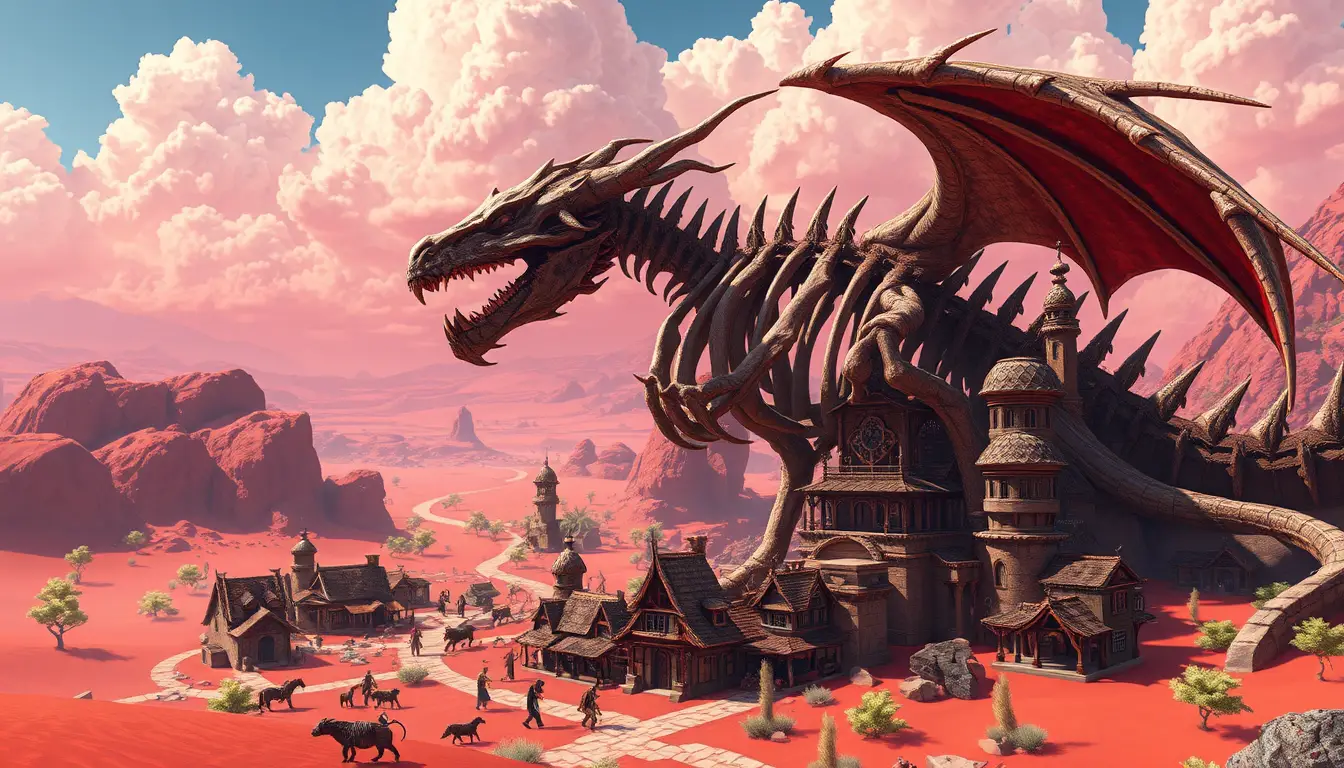 Fantasy desert village built within a colossal dragon skeleton