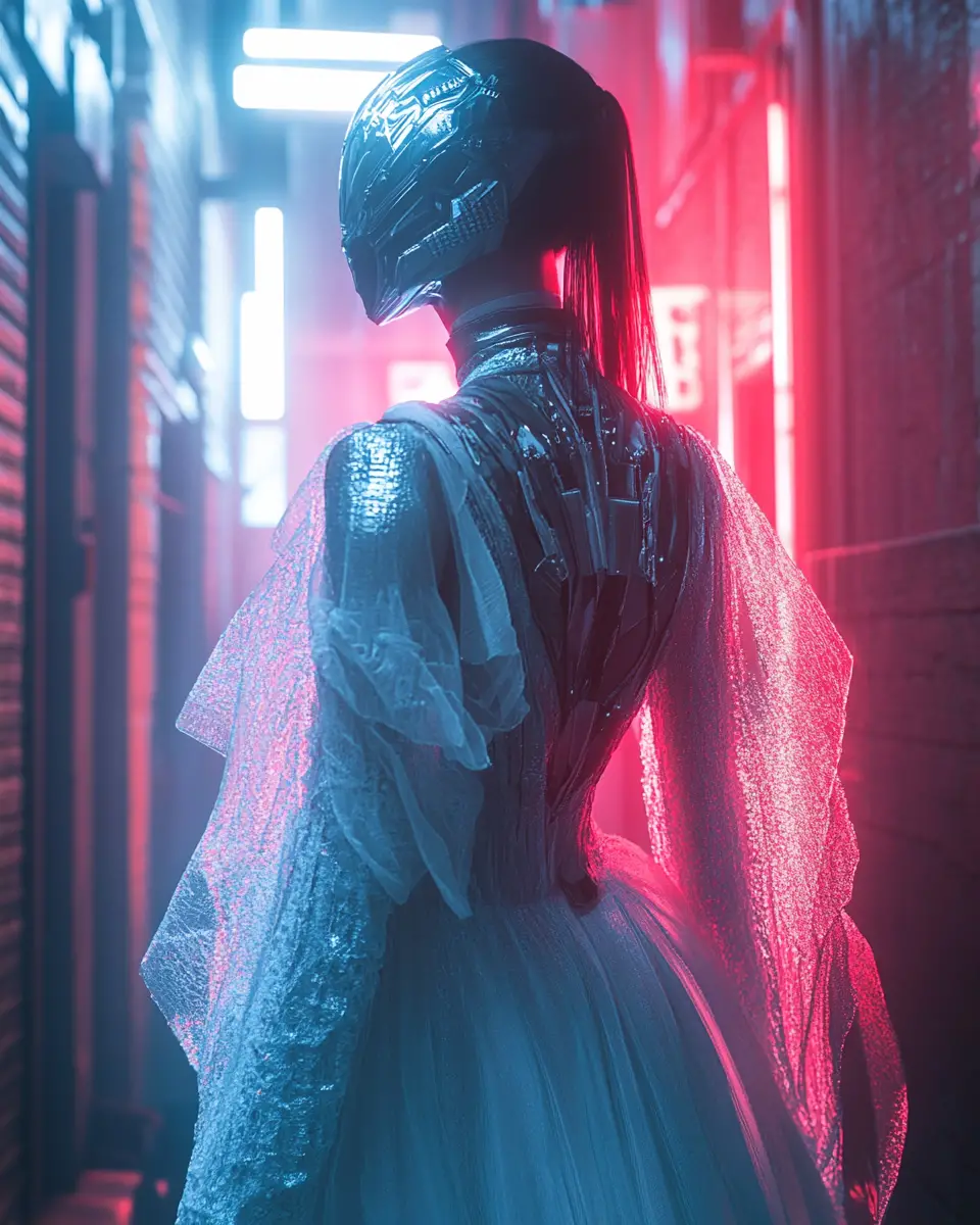 Renaissance cybernetic fashion woman in neon city alley