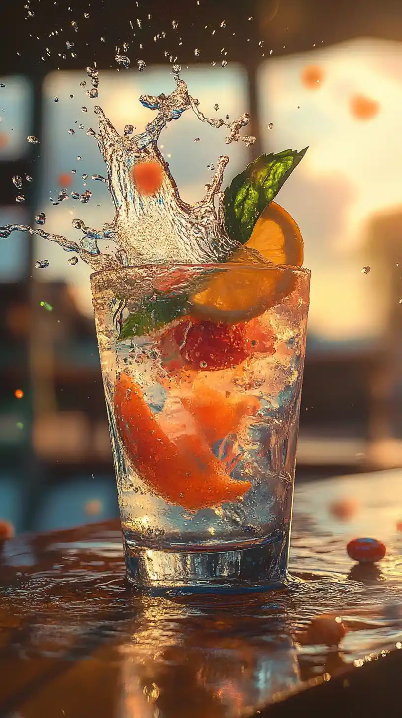 Colorful cocktail splashing with water in a lively bar