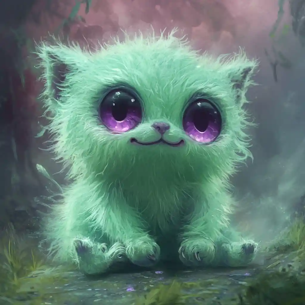 Cute fuzzy green creature with big purple eyes smiling