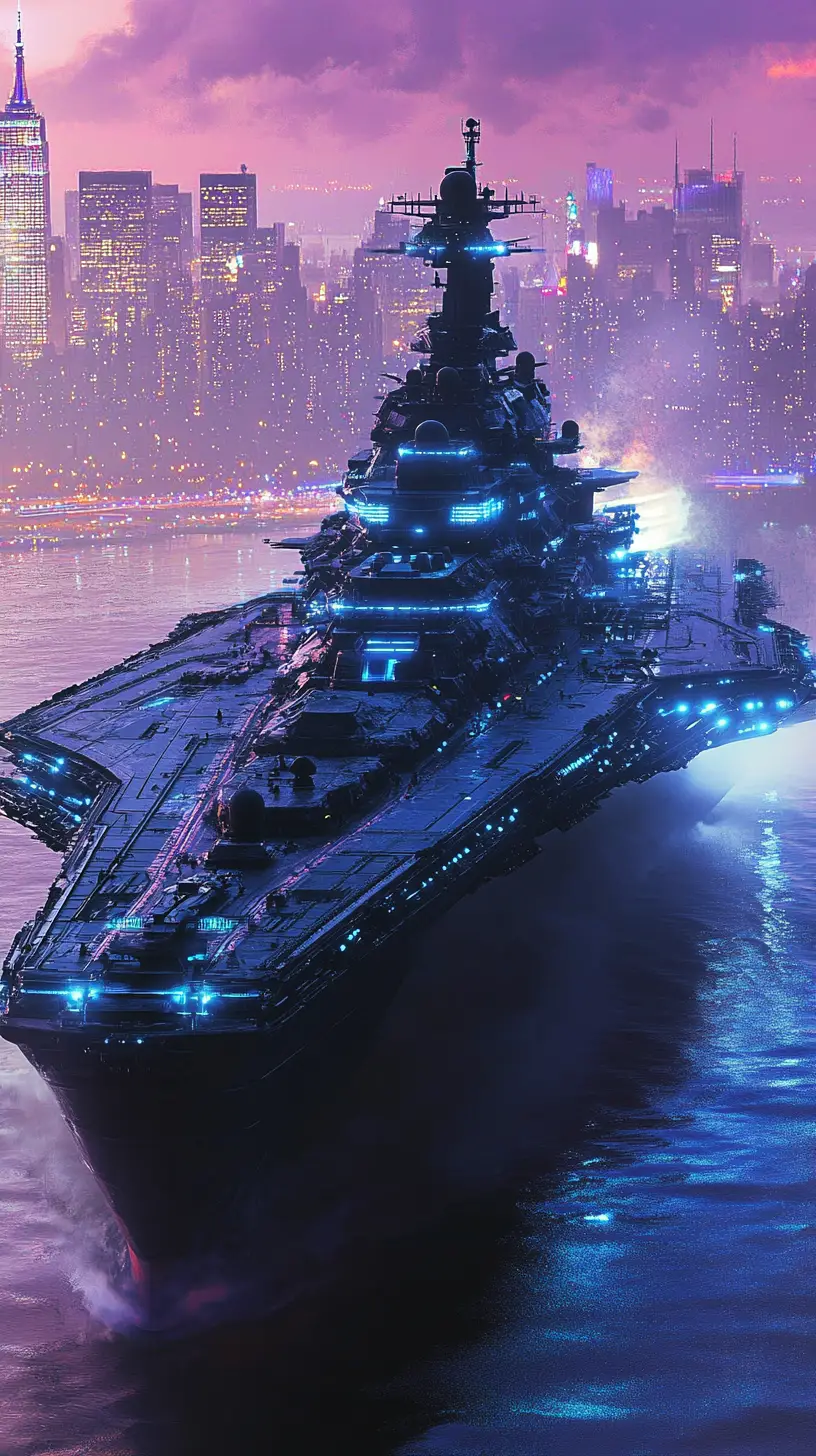 Gigantic sci fi warship emerging before Manhattan skyline