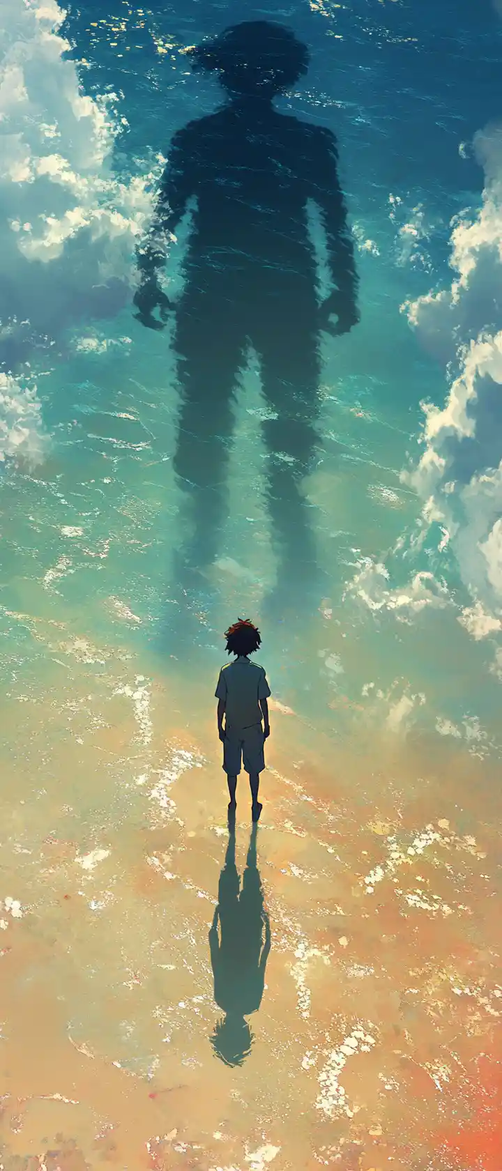 Boy walking inland with an impossibly long shadow