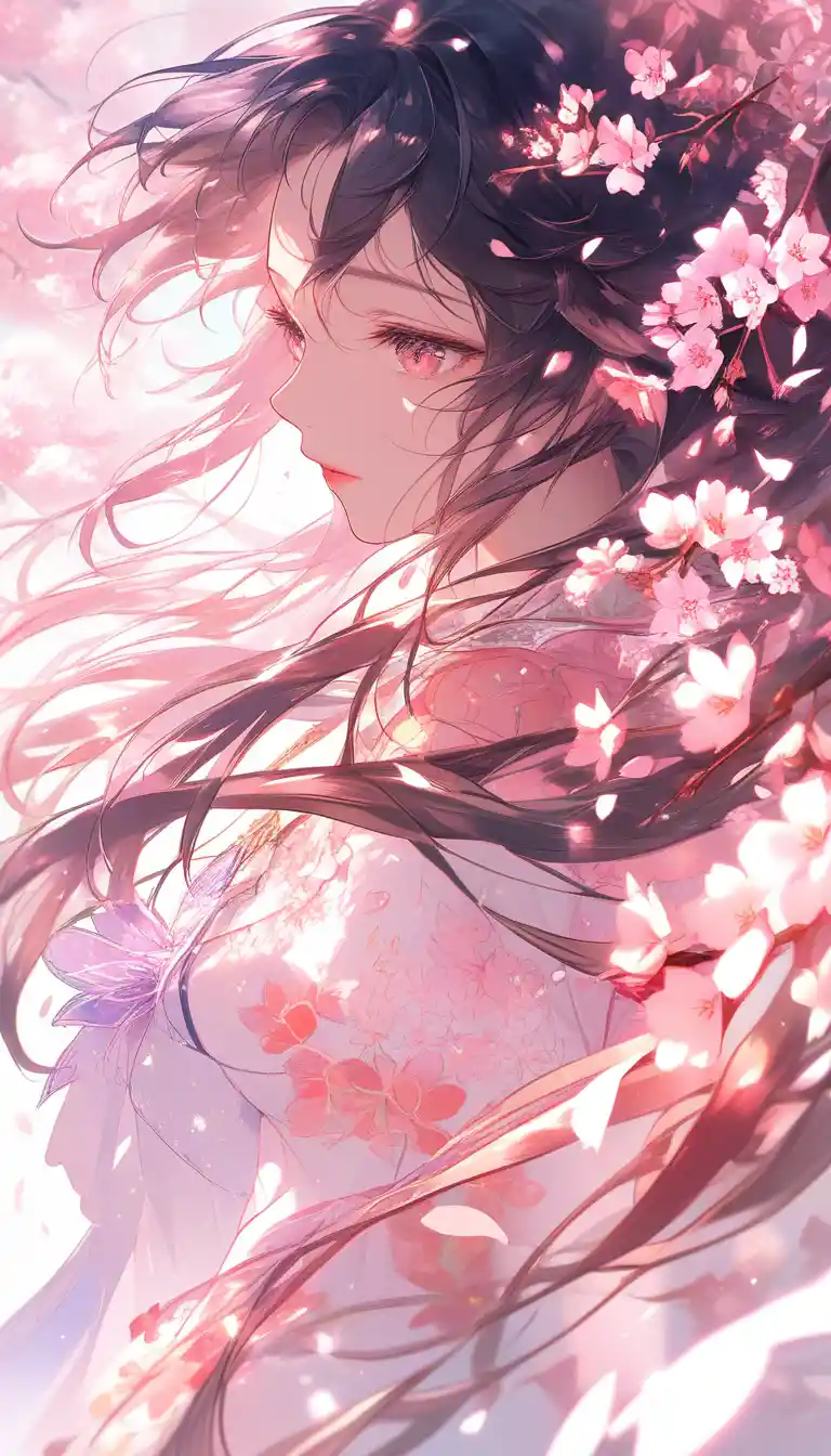 Anime girl with fan in cherry blossom garden