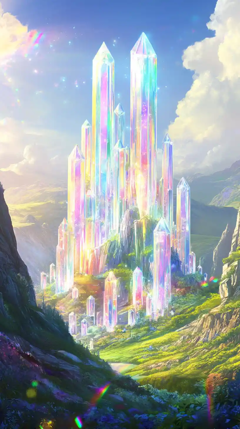 Crystal castle in a lush valley with sparkling light