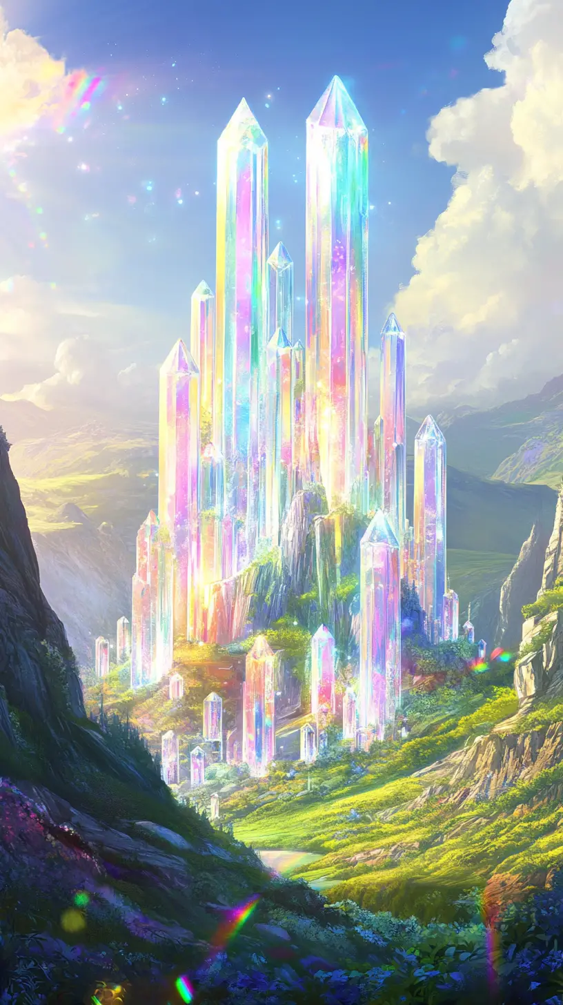 Crystal castle in a lush valley with sparkling light