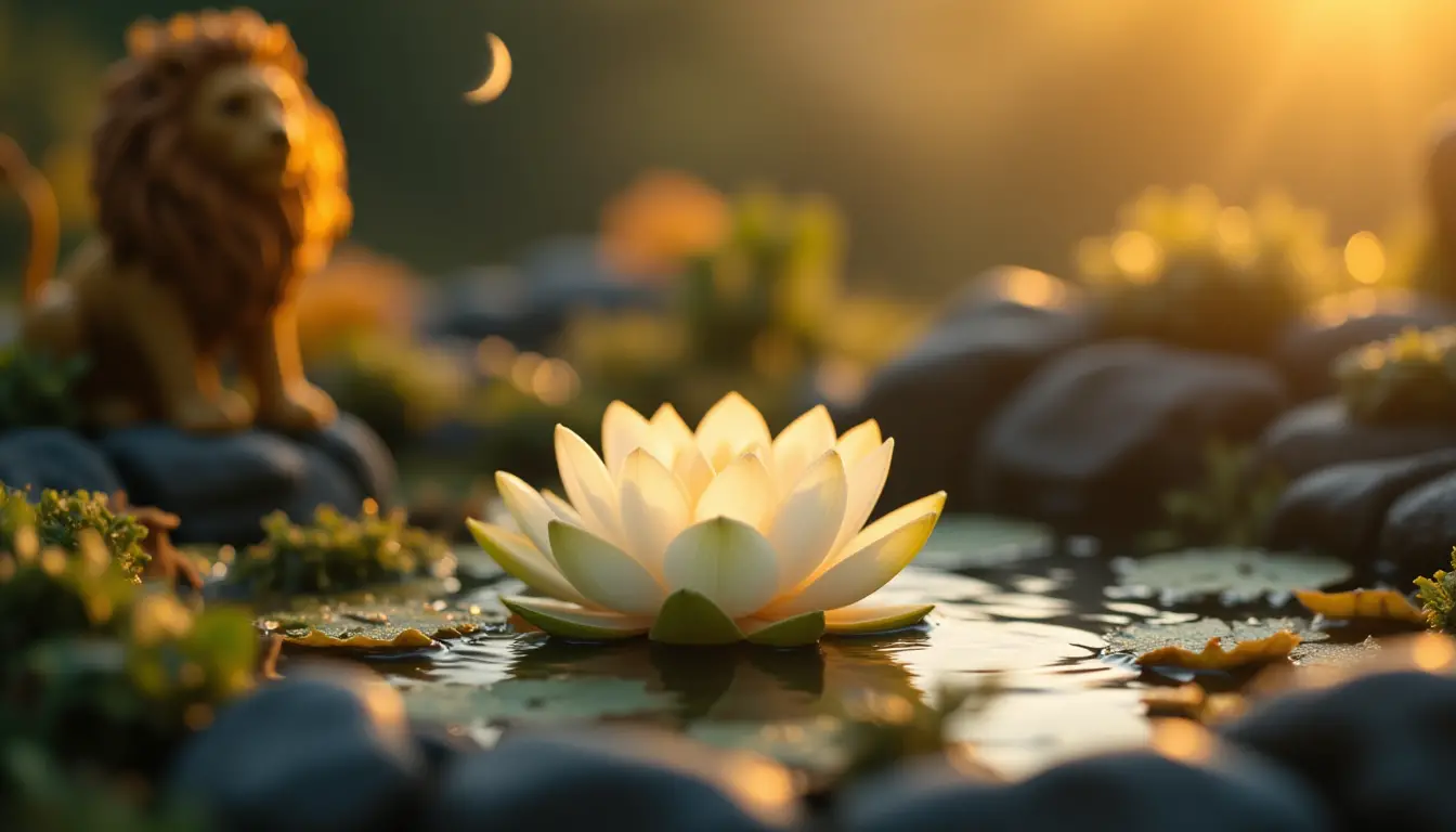 Macro view of a handcrafted miniature lotus and lion