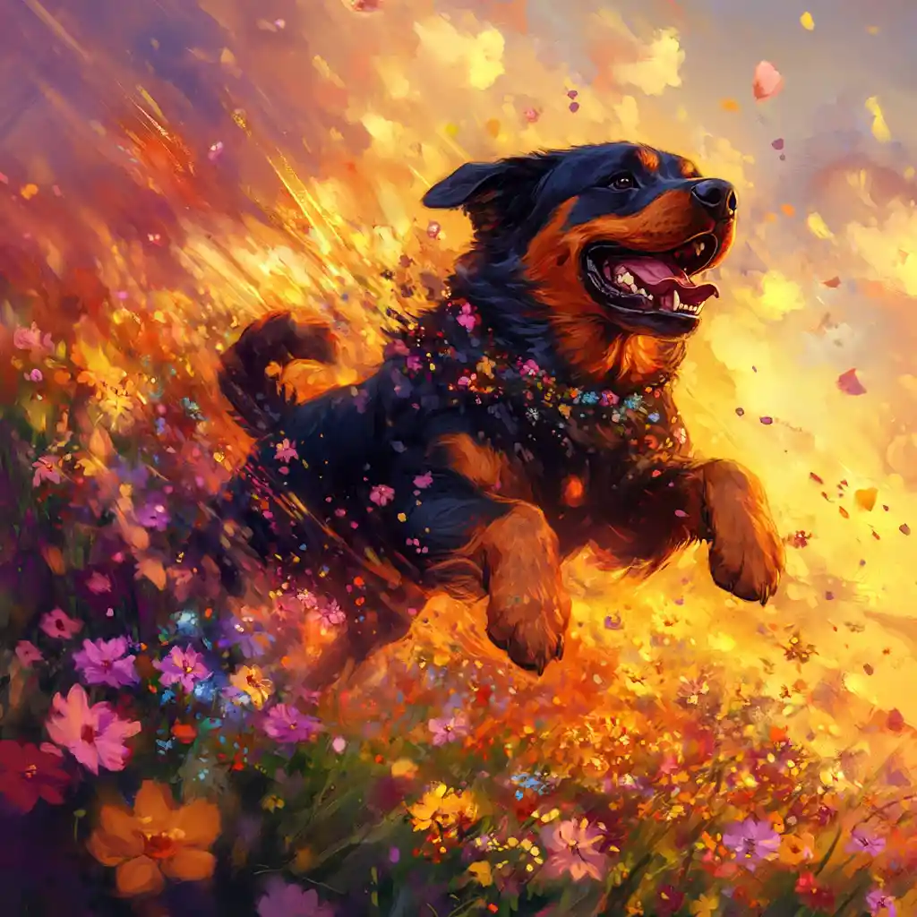 Powerful rottweiler running through a sunset meadow