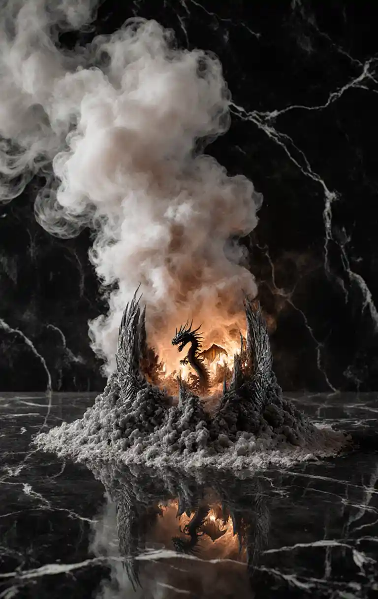 Fractal 3D dragon emerging from smoke on marble background