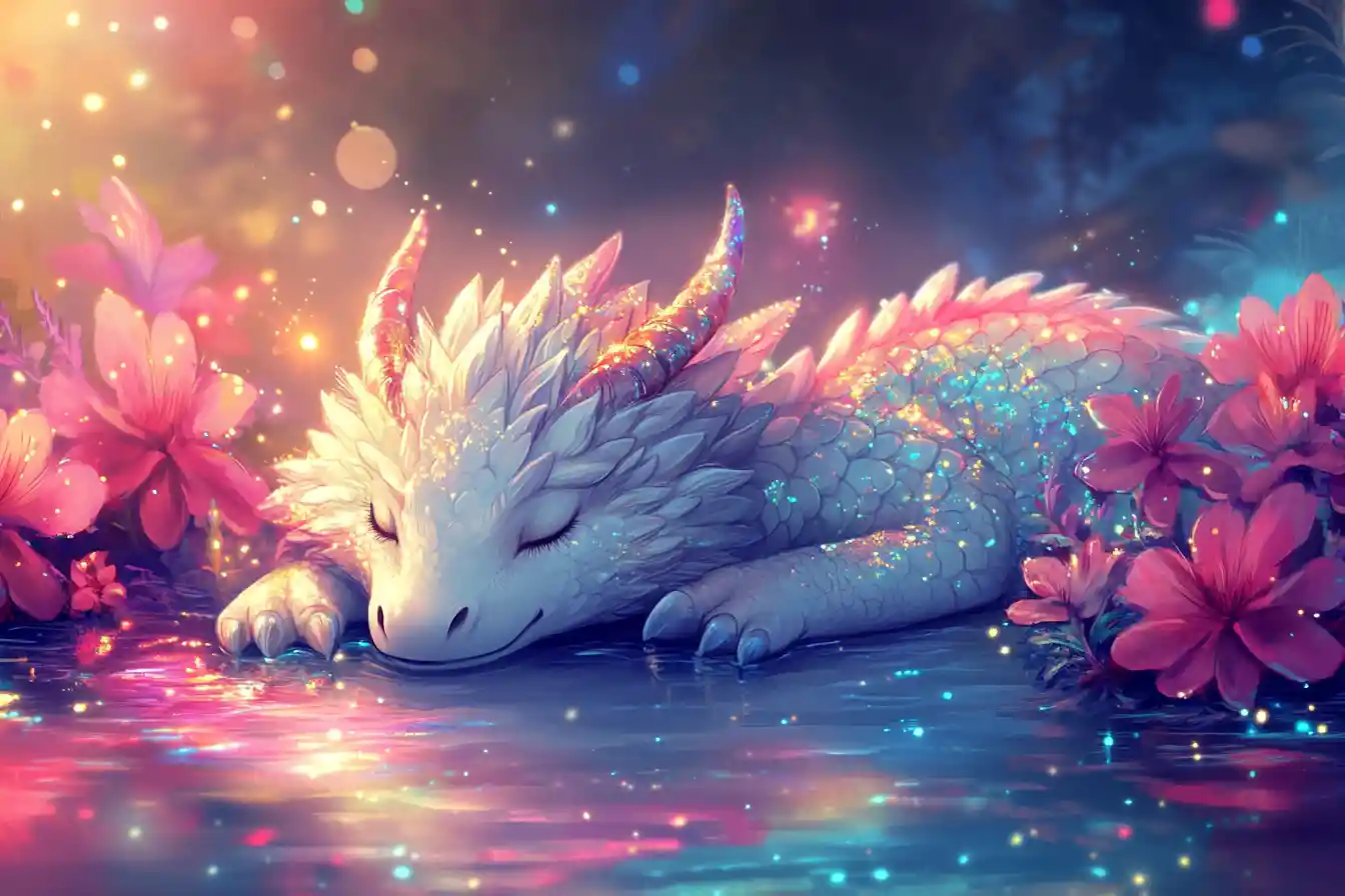 Cute white dragon sleeping on water with glowing stars