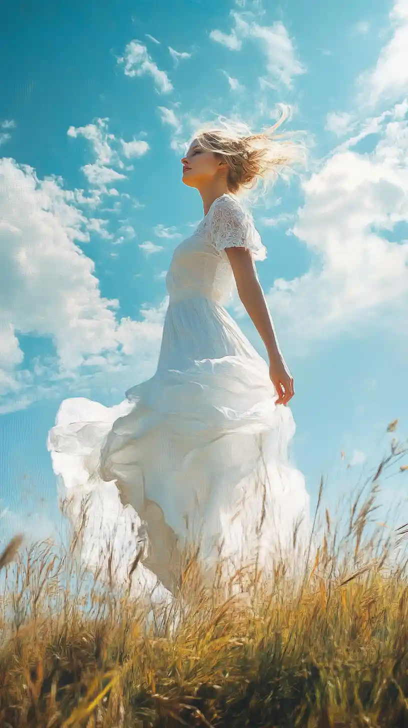Woman in flowing dress standing in a sunny meadow