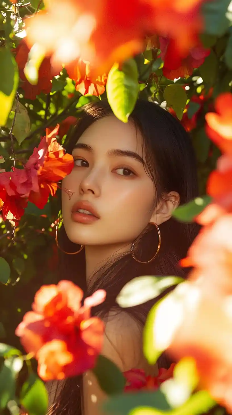 Dreamy portrait of an asian girl in colorful flowers