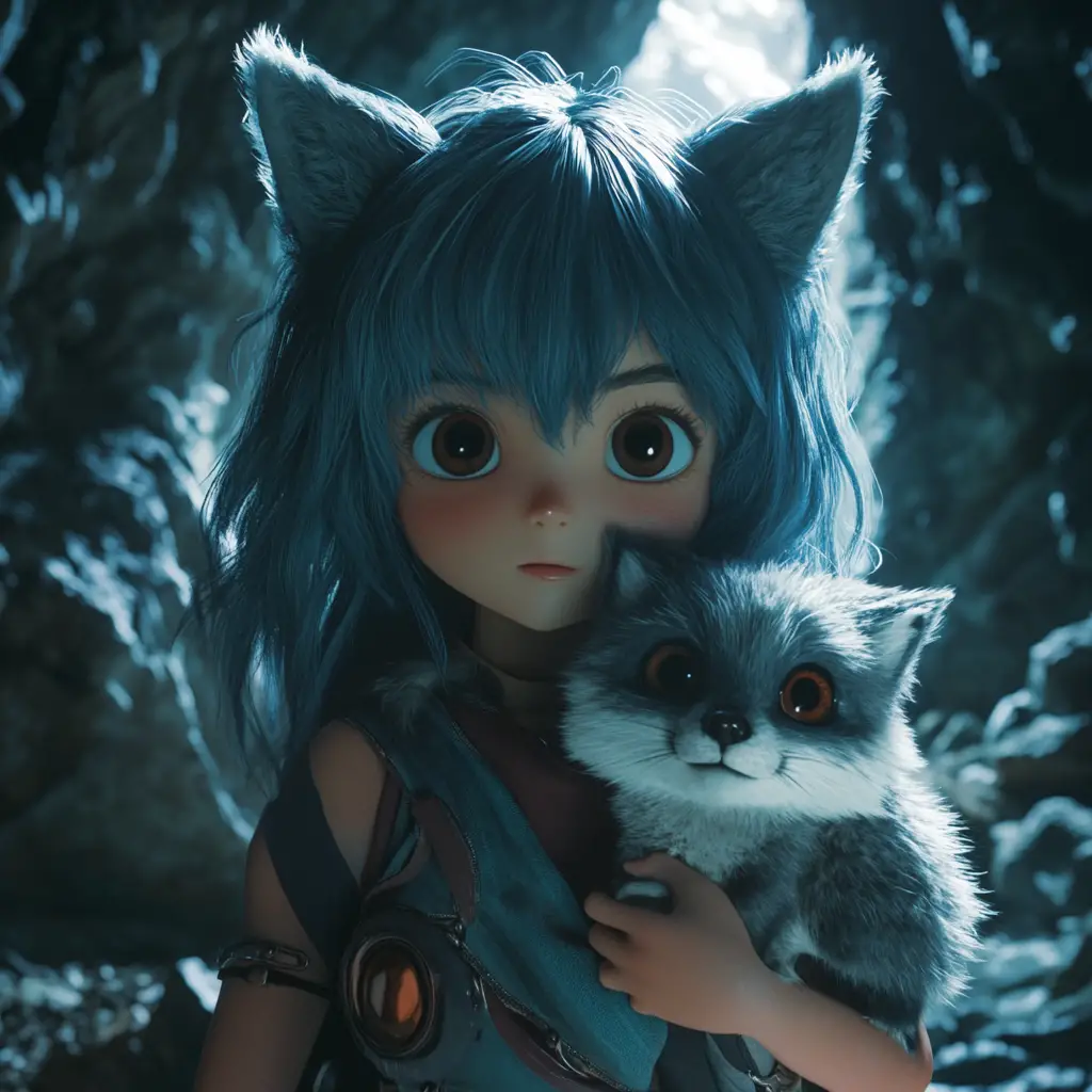 Anime wild girl holding a tiny fox in a cave