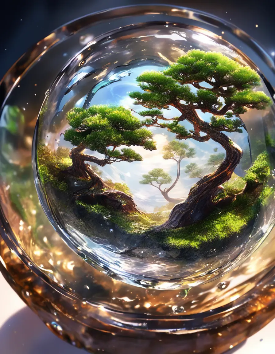 Top down view of bonsai in glass with tiny village