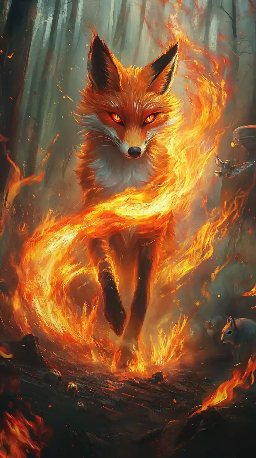 Fiery Fox Spirit Standing In A Burning Forest