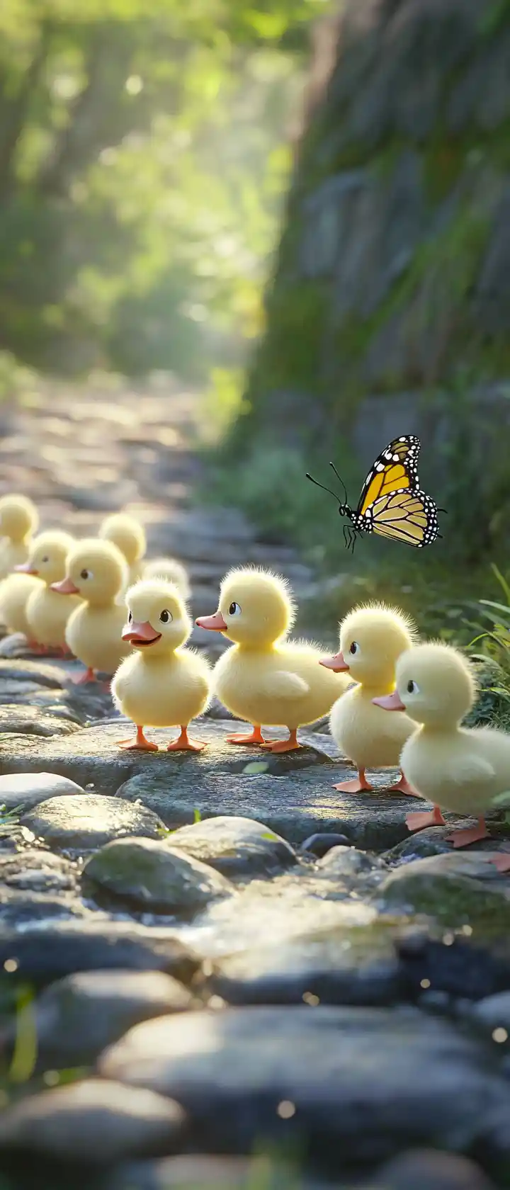 Fuzzy ducklings waddling across a cobblestone bridge