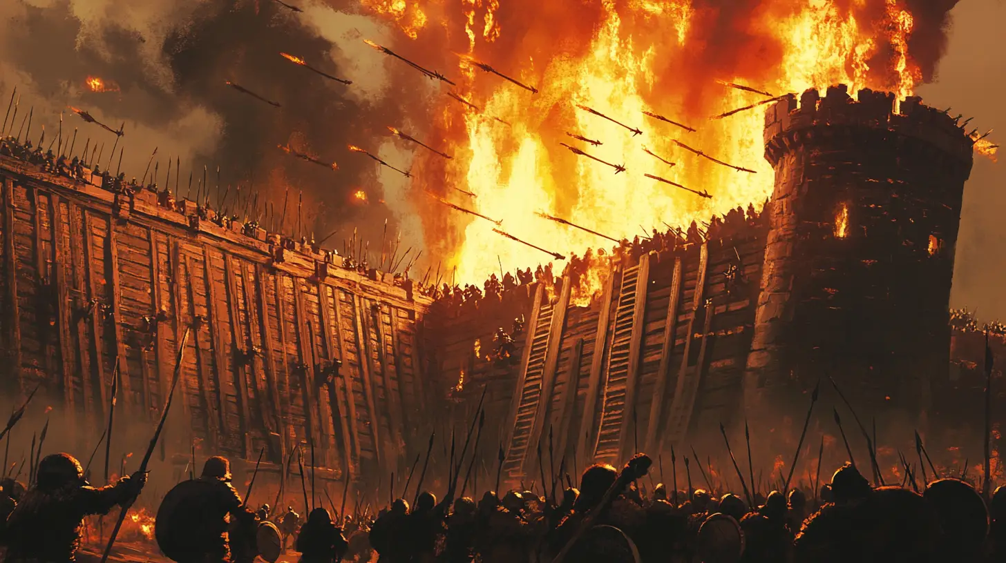 Medieval Army Assault On A Burning Wooden Barbarian Fort