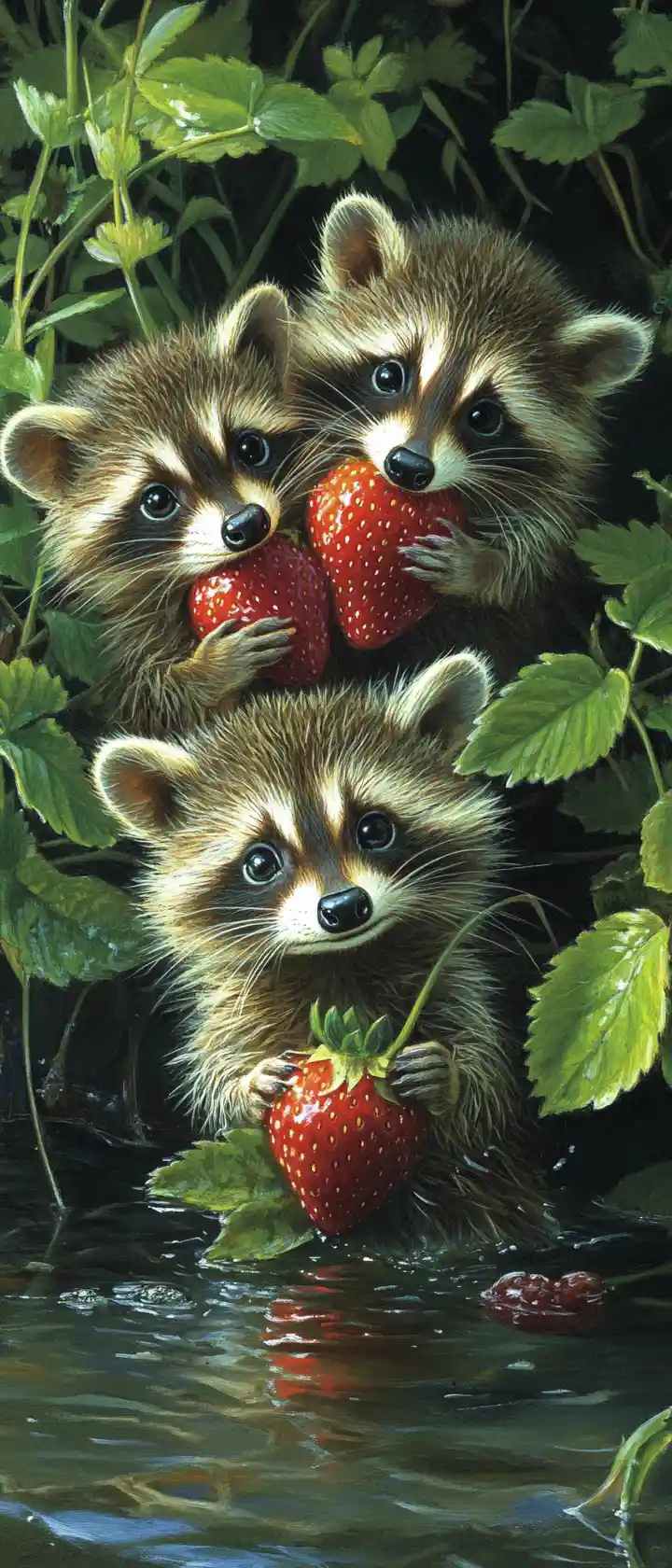 Baby raccoons raiding a strawberry patch at night