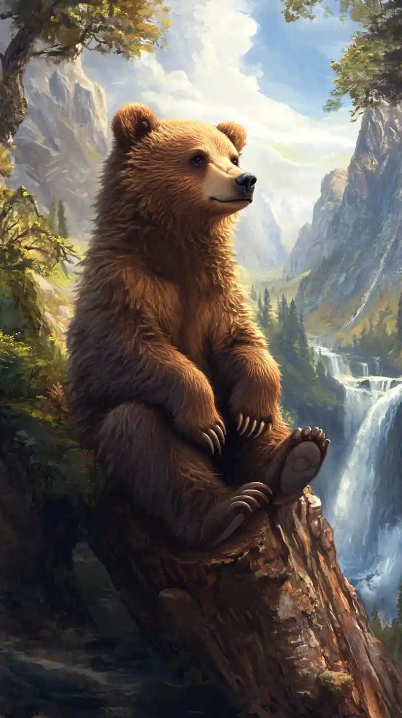 Young brown bear on a log watching a distant waterfall
