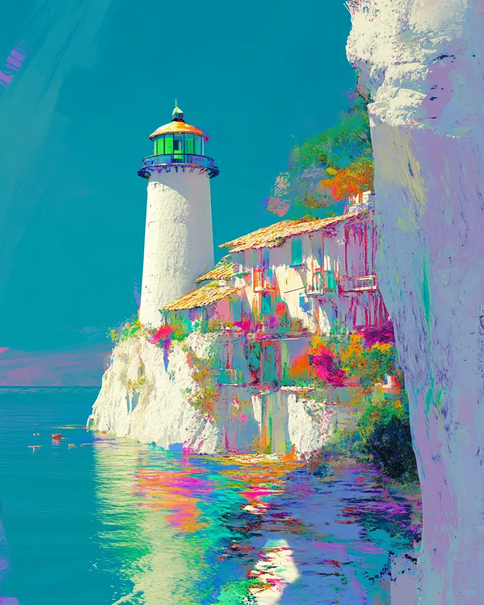 White cliffs with lighthouse above blue green sea