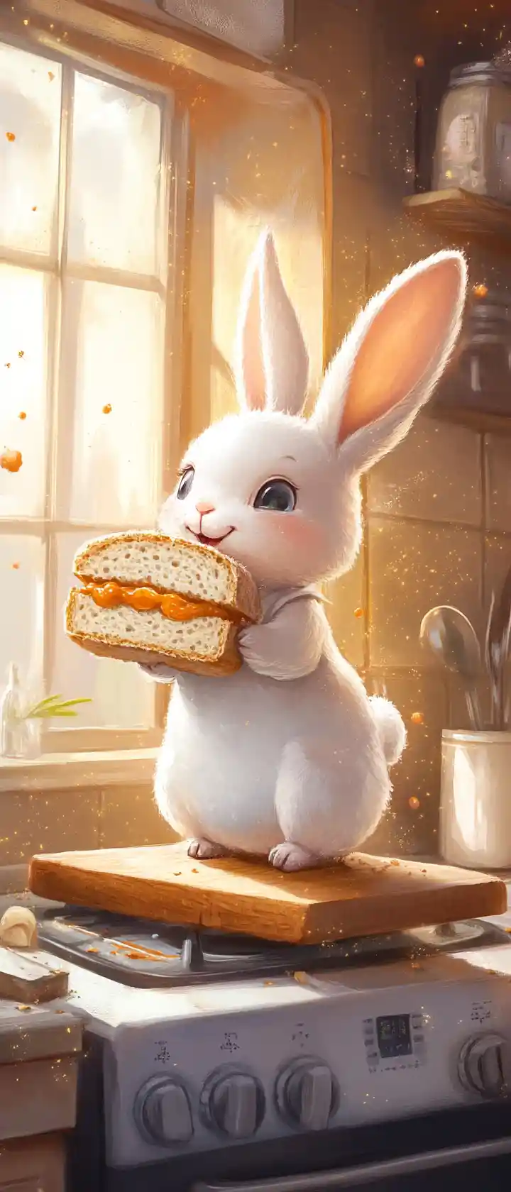 Rabbit chef and living bread in a messy magic kitchen