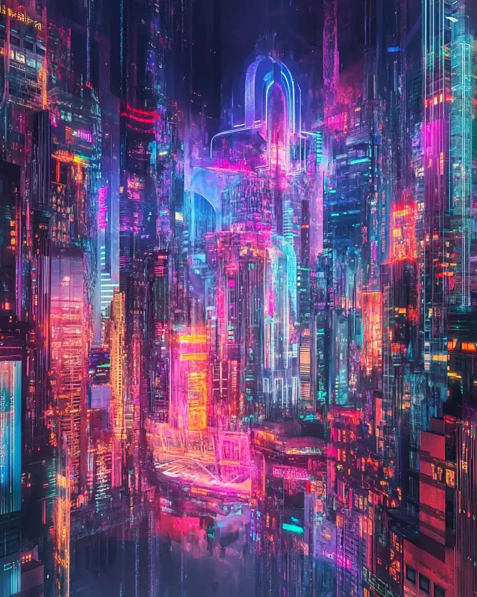 Neon Cityscape Merging With Crumbling Art Deco Ruins