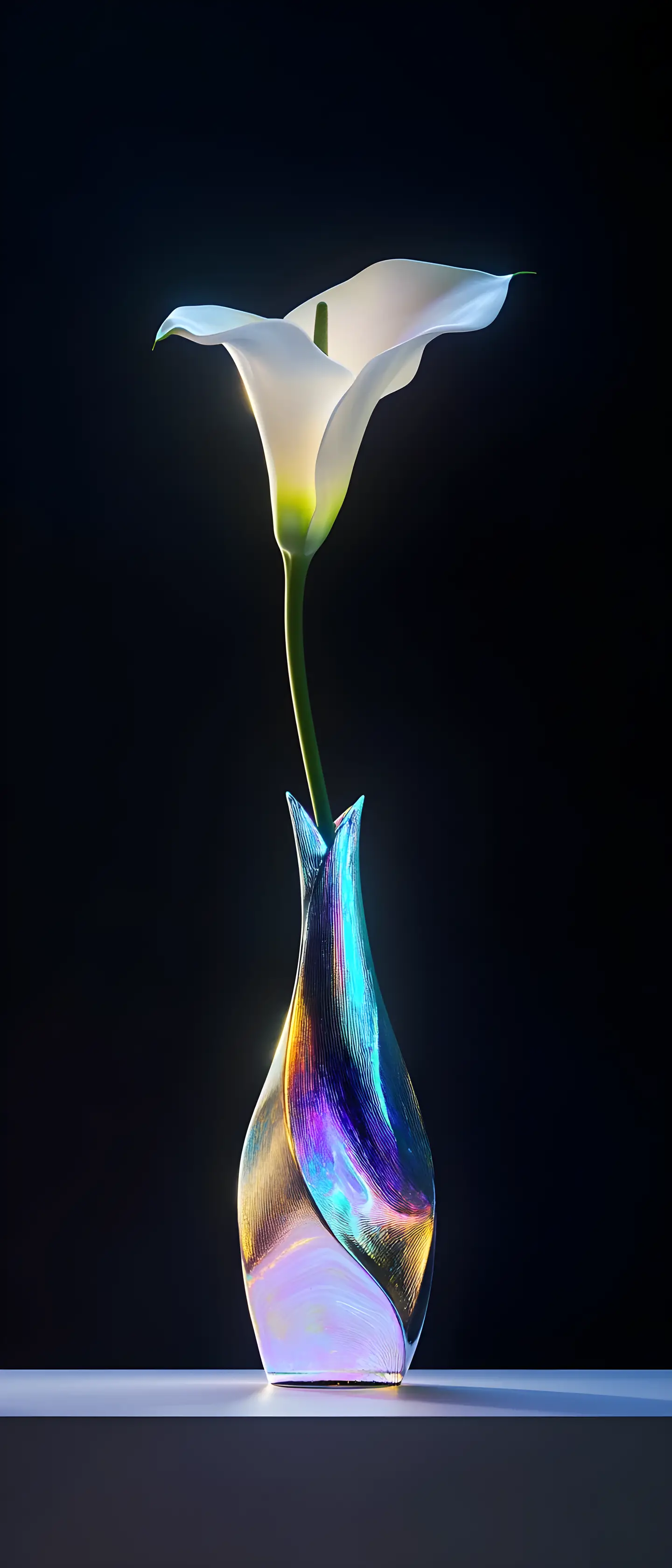 Single white lily in abstract vase on white platform