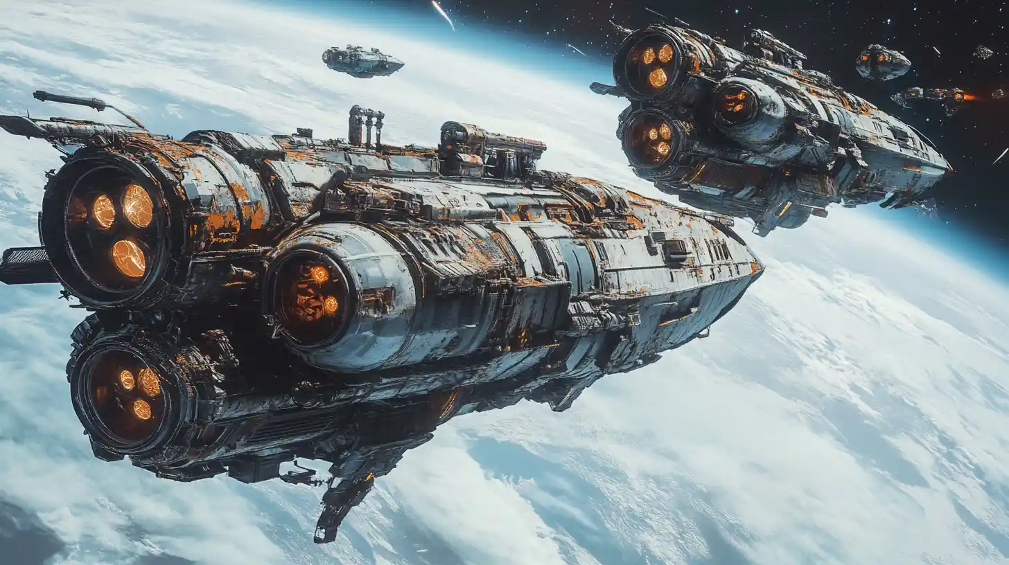 Rusty war spaceships approaching planet Earth in space