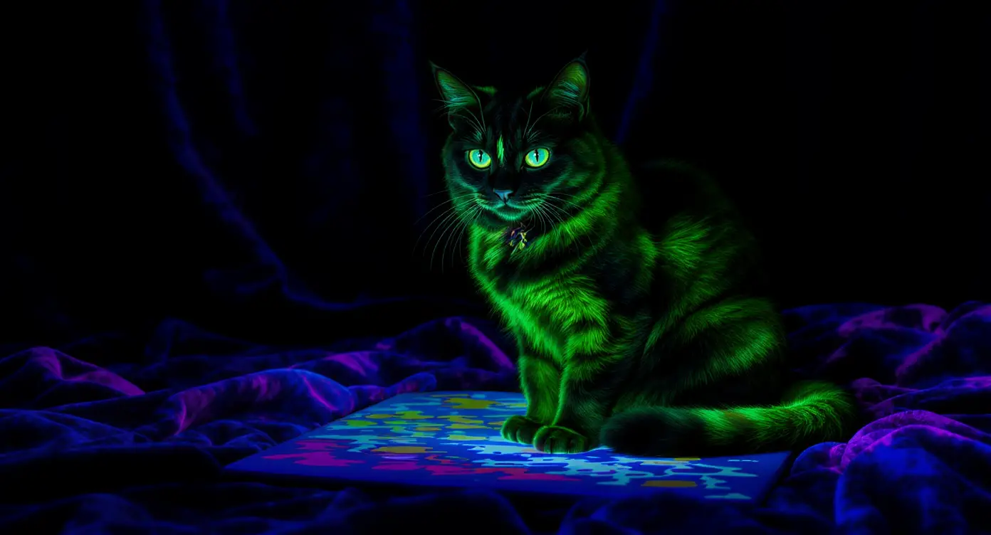 Black cat glowing under black light on abstract canvas