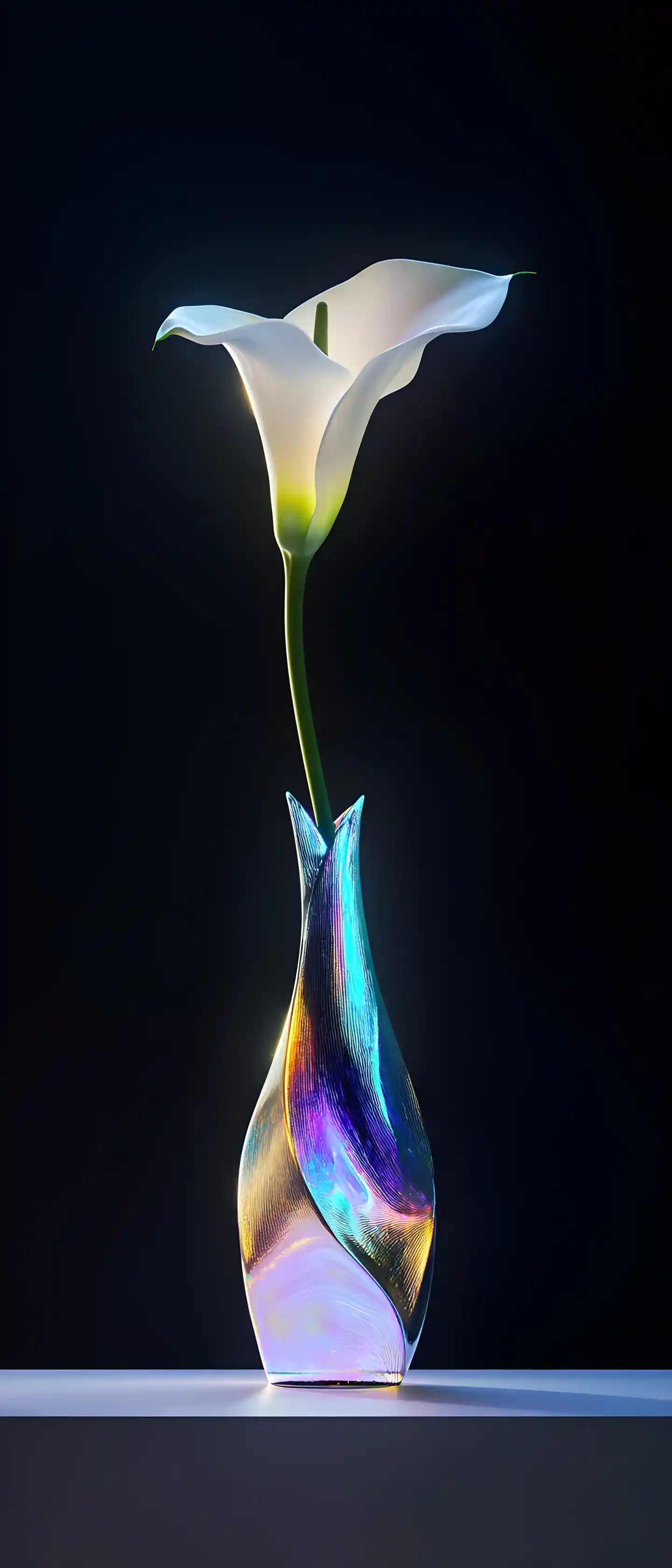 Single white lily in abstract vase on white platform