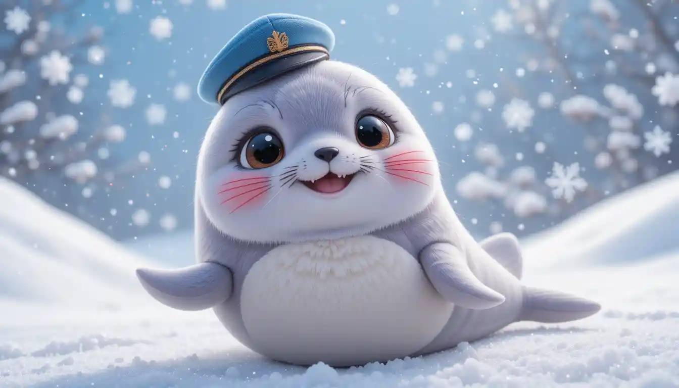Playful cartoon seal under sparkly falling snowflakes