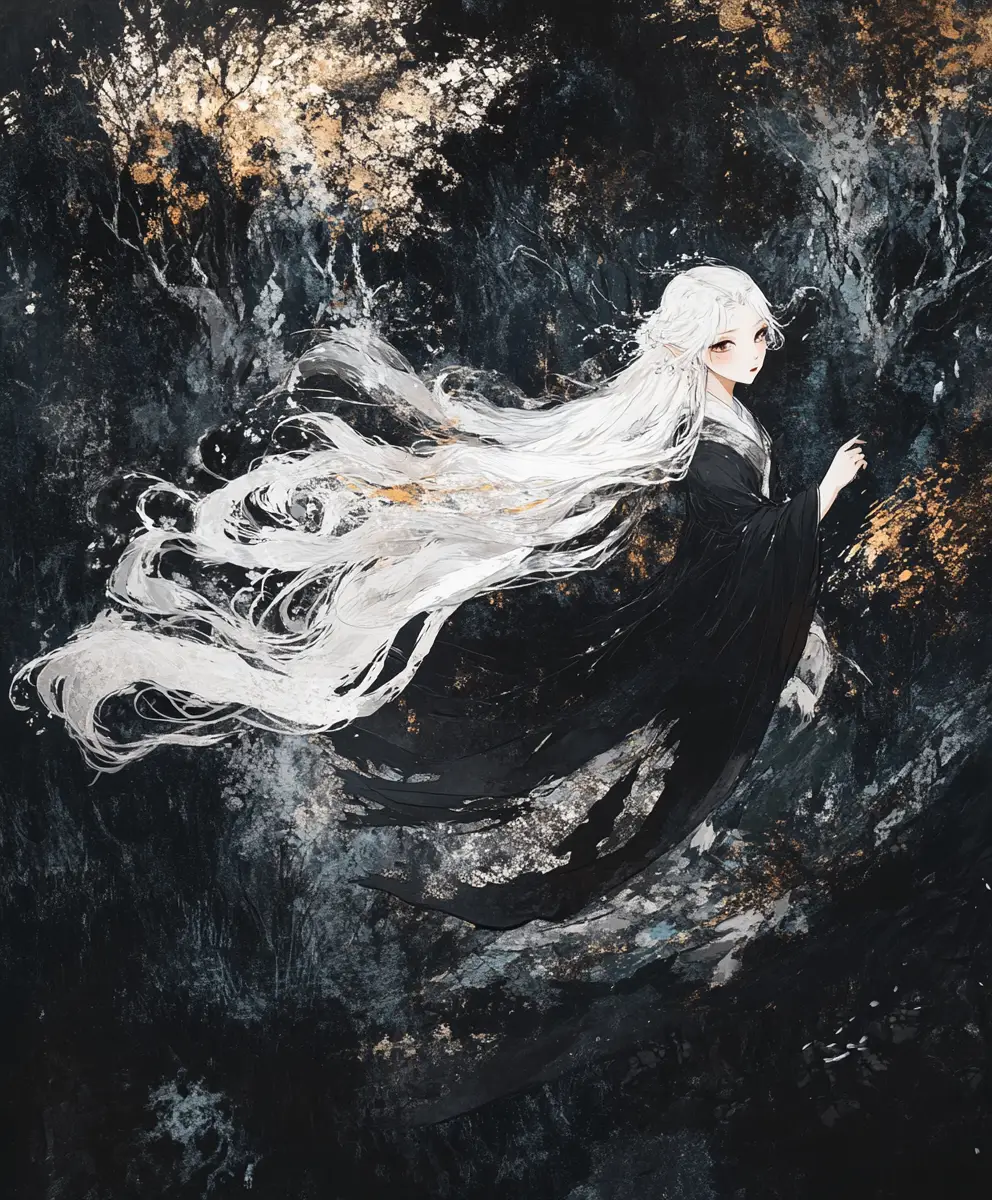 Young Japanese sorceress floating in a dark rainy forest