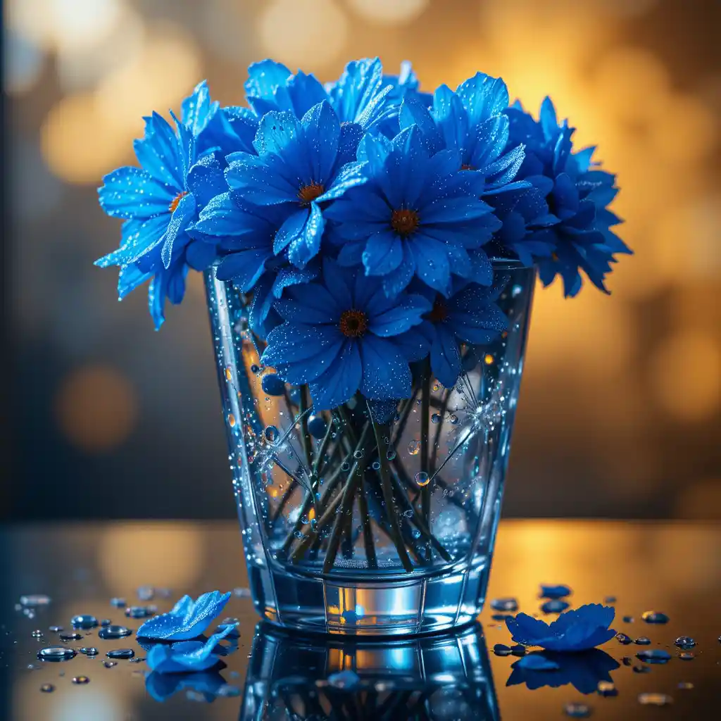 Blue flowers in glass with shimmering water droplets