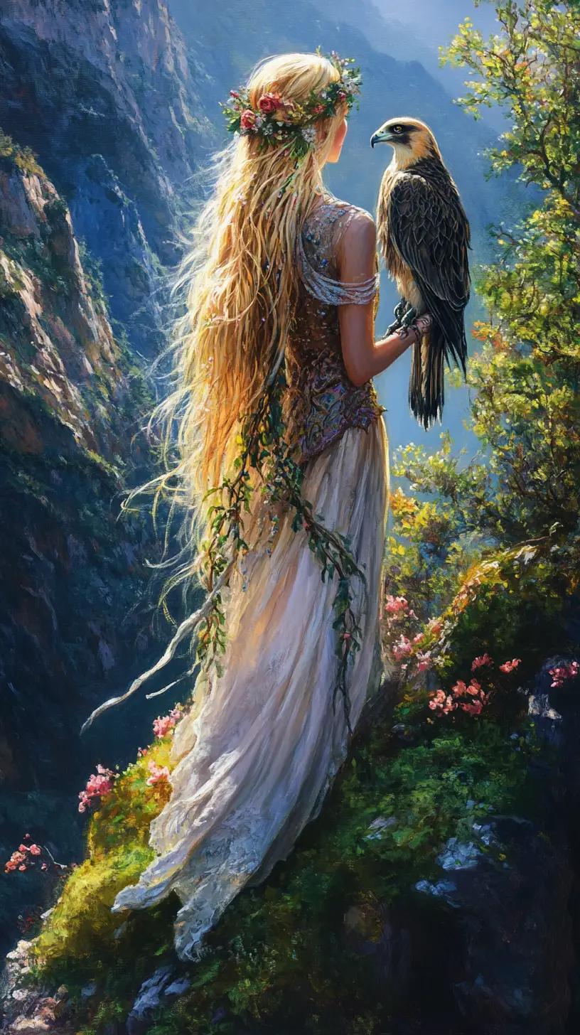 Fantasy woman with falcon overlooking a distant valley